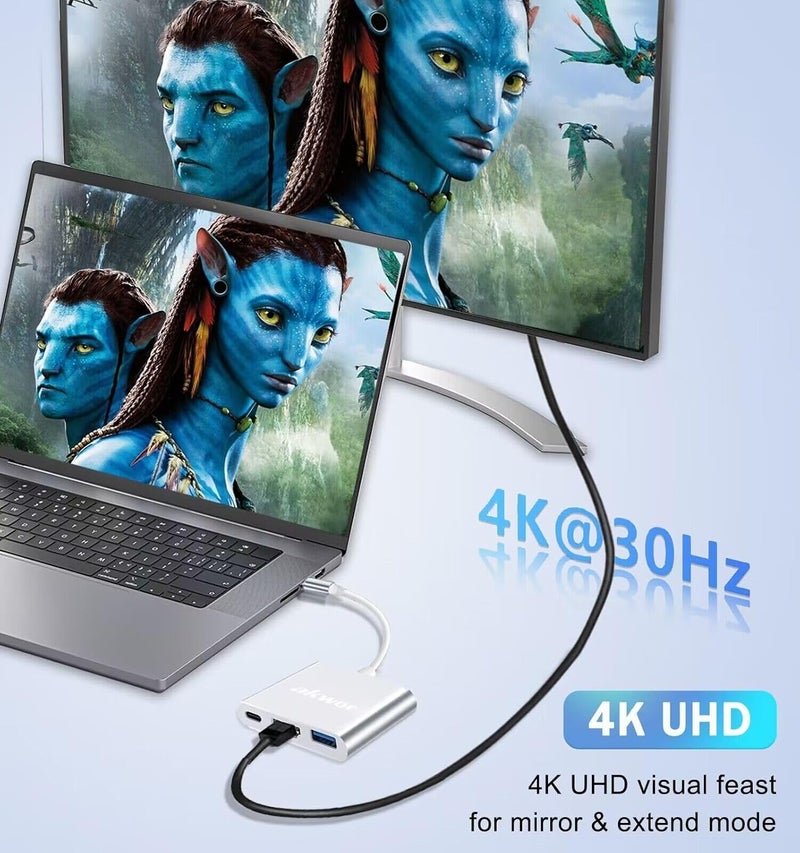 AKWOR محول USB C إلى HDMI 3 في 1 متعدد المنافذ، محول AV رقمي 4K مع USB 3.0 OTG PD 100W متوافق مع Thunderbolt 4/3 MacBook، iPad Air/Pro، إلى HDTV جهاز عرض شاشة - Image 3